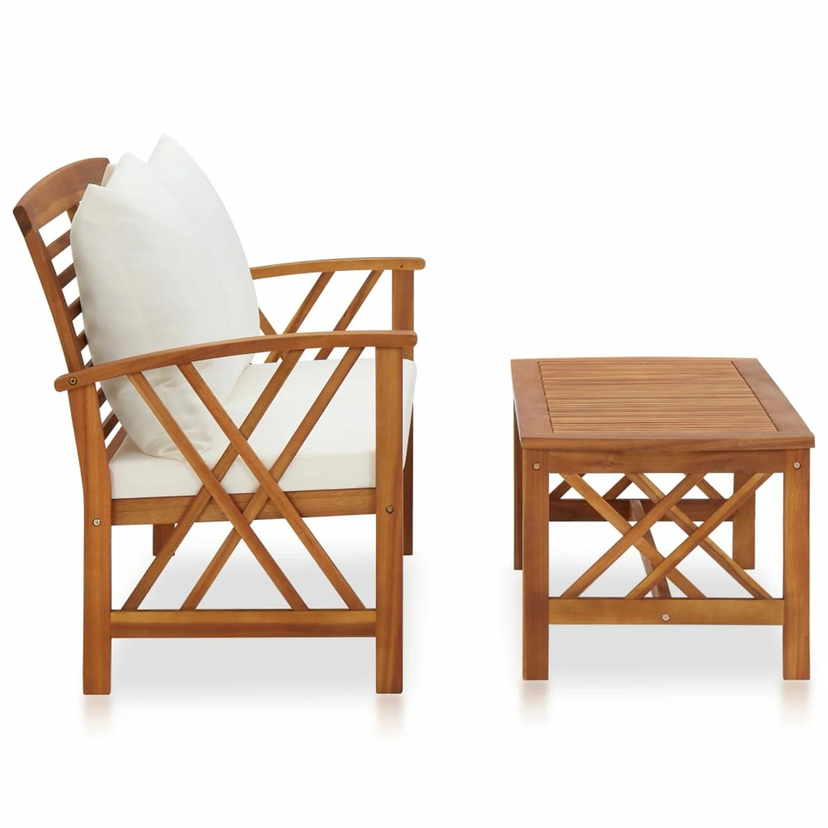 2 Piece Outdoor Conversation Set with White Cushion and Coffee Side Table Acacia Wood Sectional Sofa Set P10476