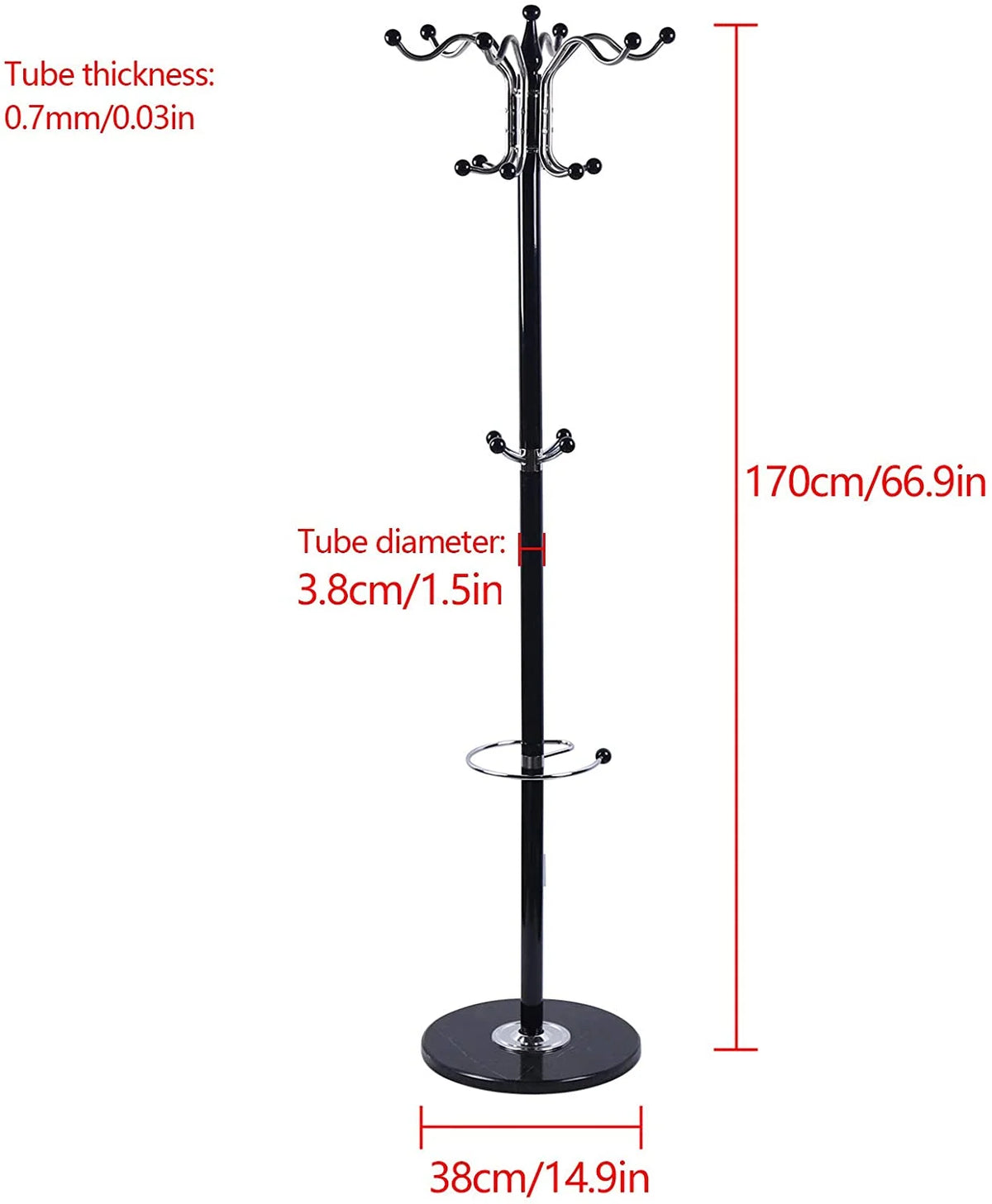 Black Metal Coat Tree with 16 Hooks and Marble Base O950071