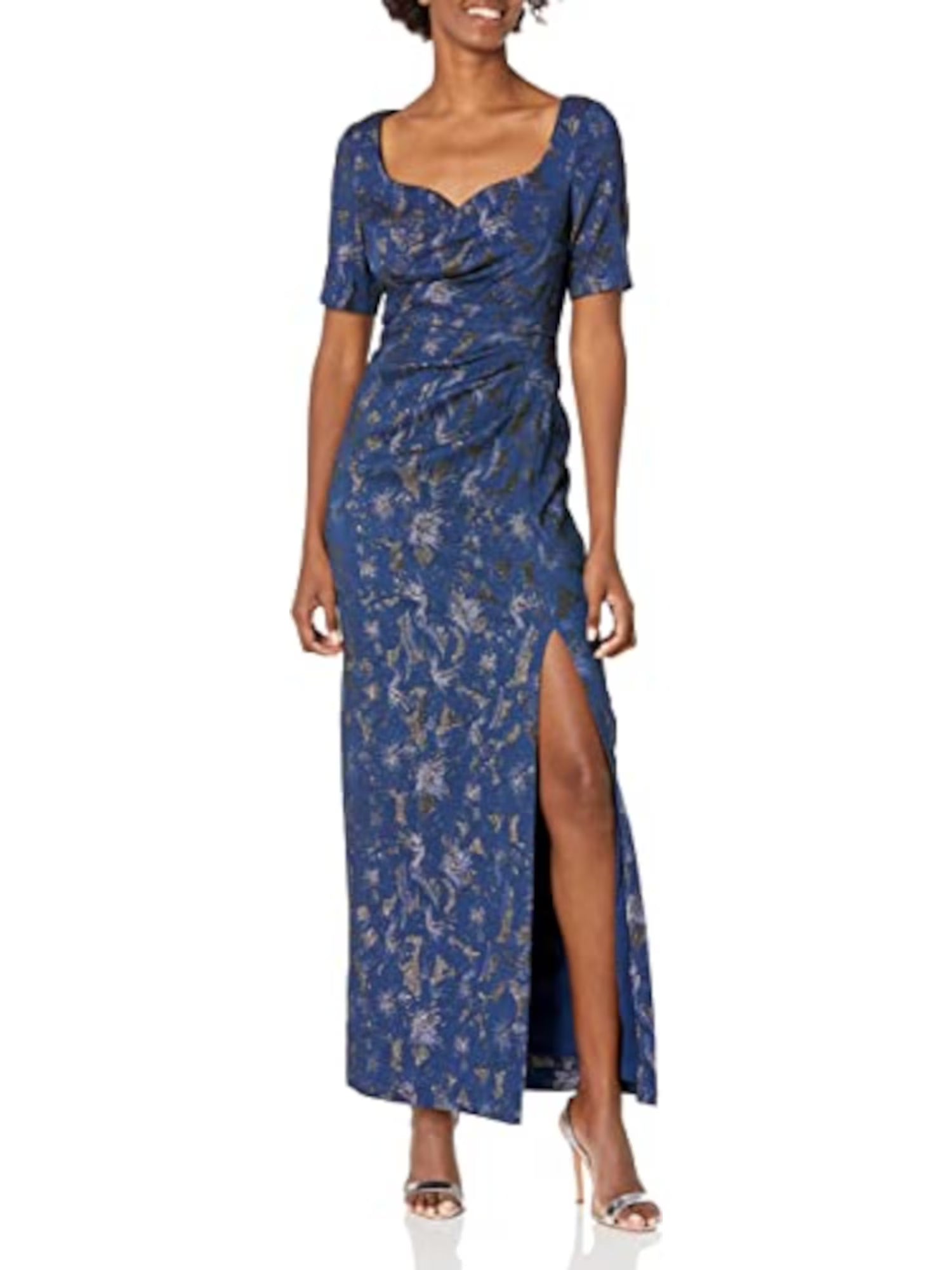 Navy Zippered Ruched Draped Thigh-high Slit Lined Short Sleeve Sweetheart Neckline Full-Length Evening Gown Dress V2107