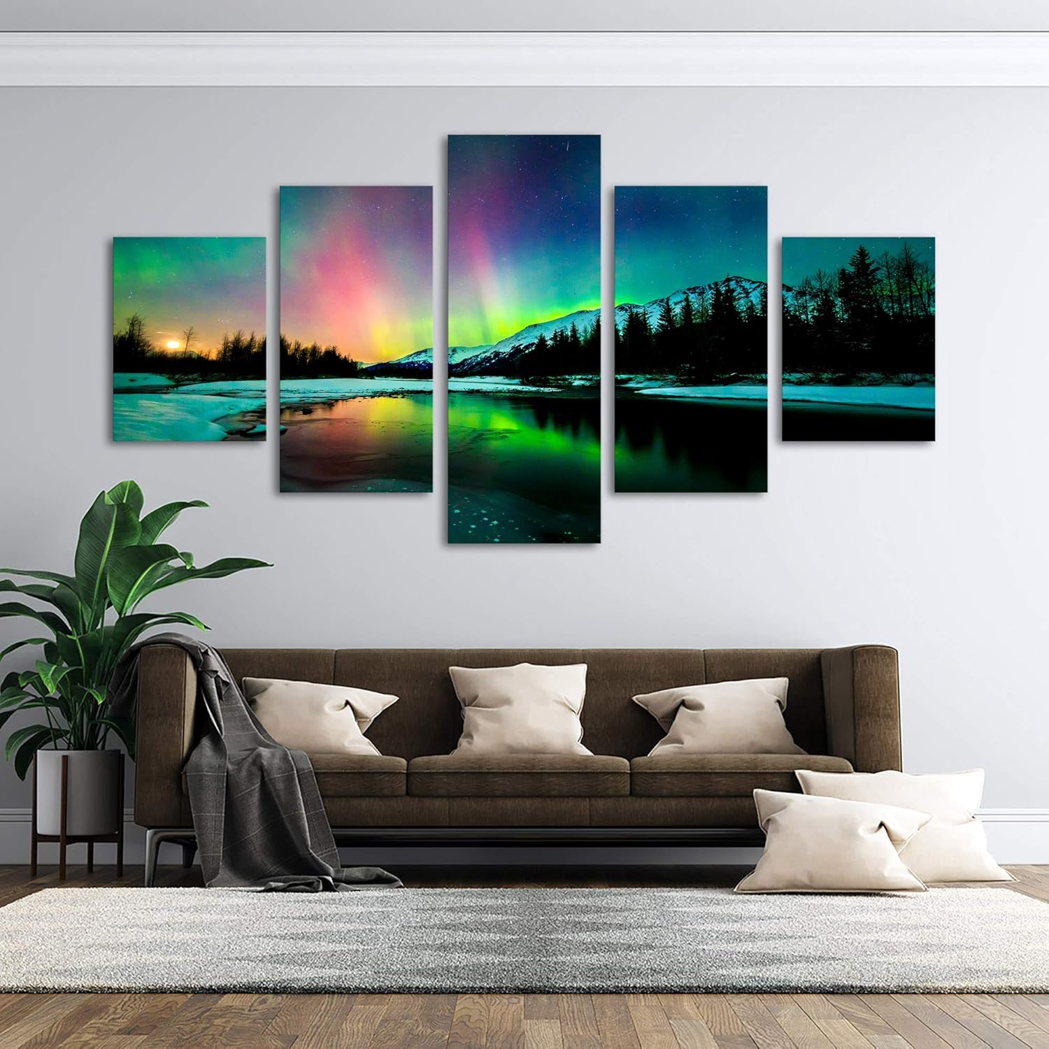 5 Pieces Green Aurora Borealis Scenery Canvas Prints Ready to Hang F1926
