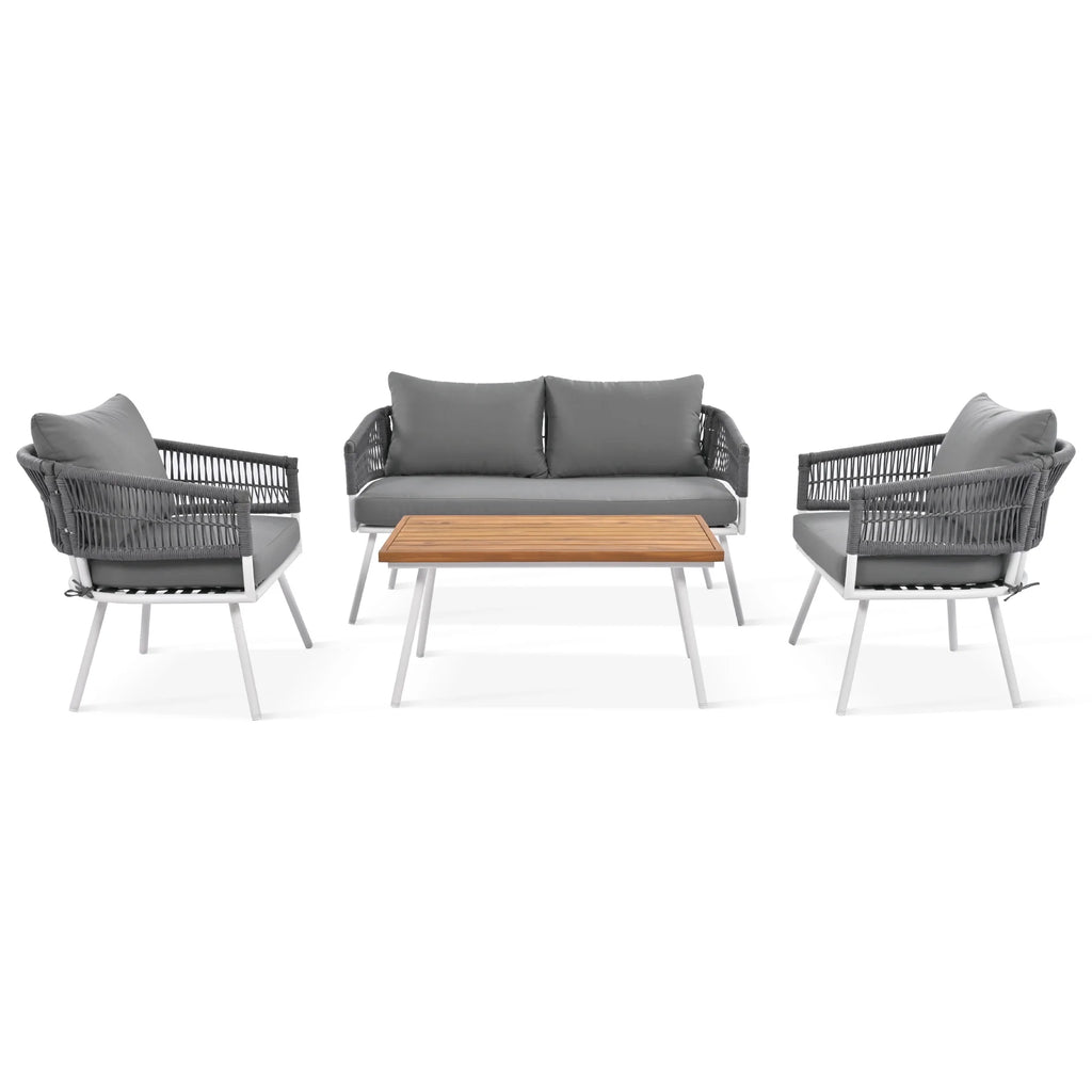 4-Piece Grey Outdoor Patio Furniture Set with Acacia Wood Coffee Table N438