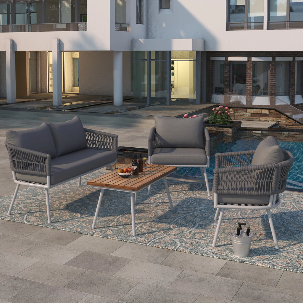 4-Piece Grey Outdoor Patio Furniture Set with Acacia Wood Coffee Table N438