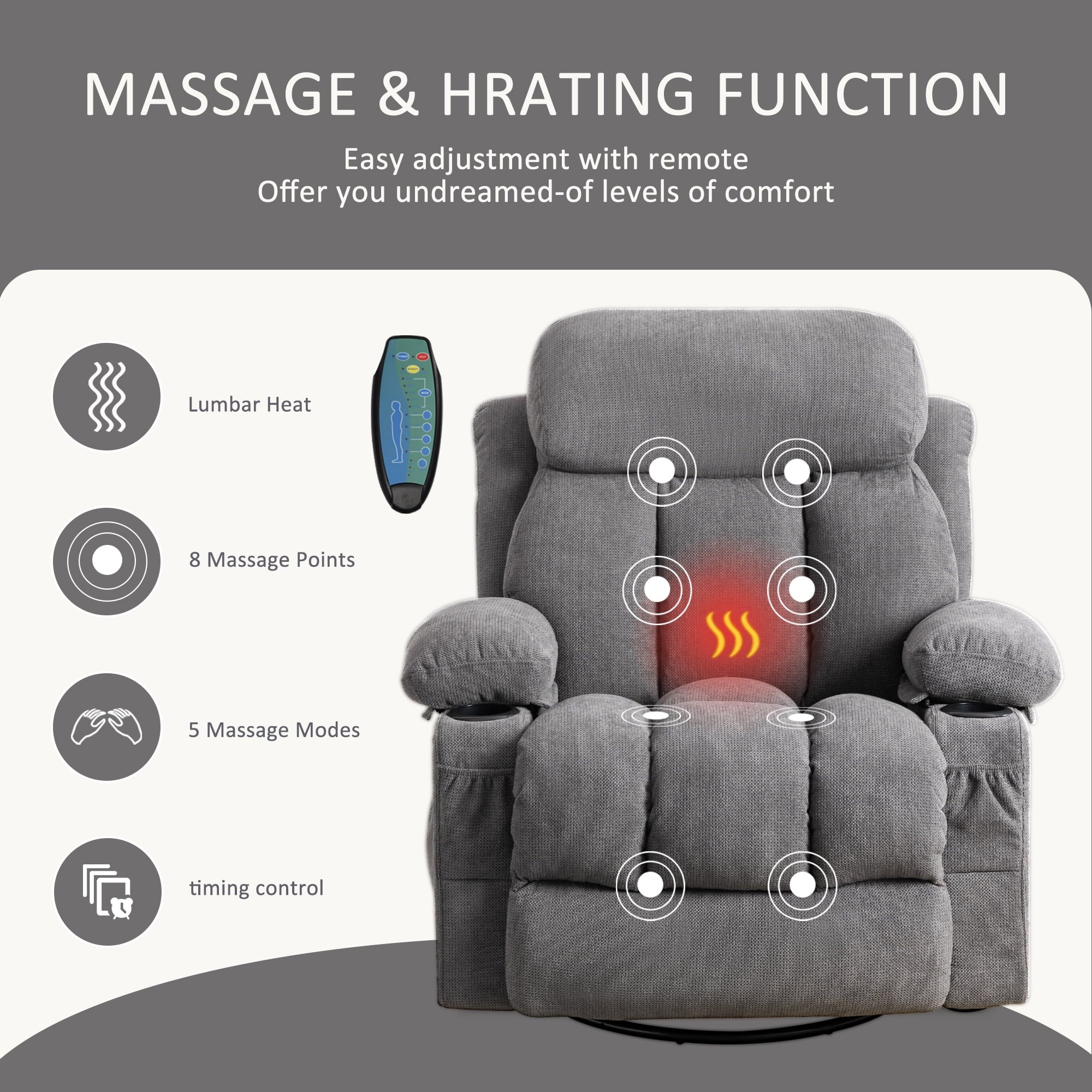 Swinging recliner massage heated sofa with USB and cup holders V37953