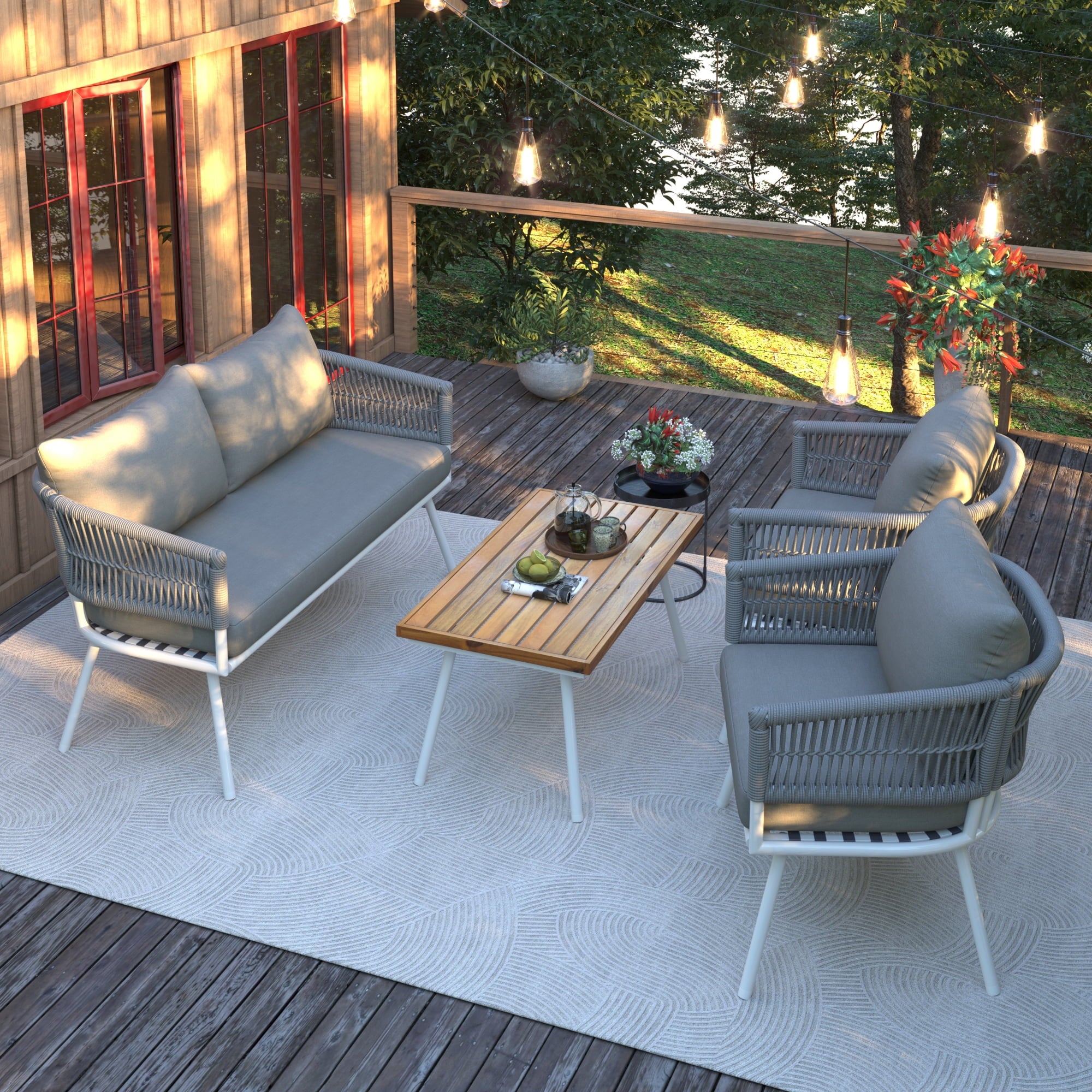 4-Piece Grey Outdoor Patio Furniture Set with Acacia Wood Coffee Table N438