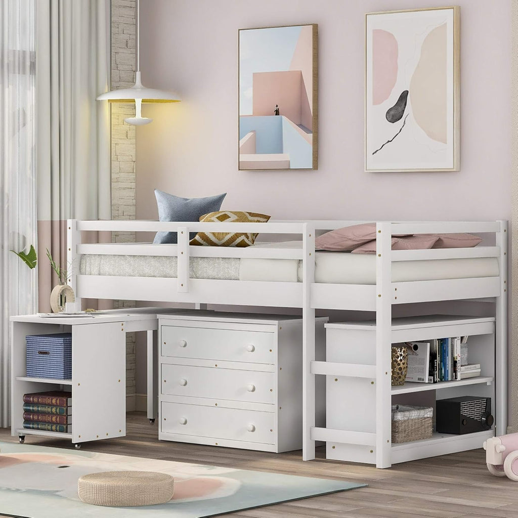 Gray Solid Wood Twin-Size Low Loft Bed Frame with Ladder R34915