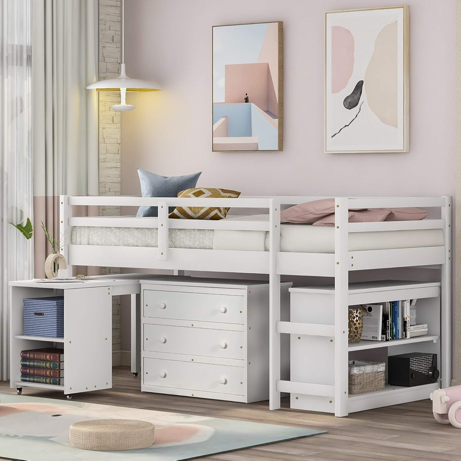 Gray Solid Wood Twin-Size Low Loft Bed Frame with Ladder R34915