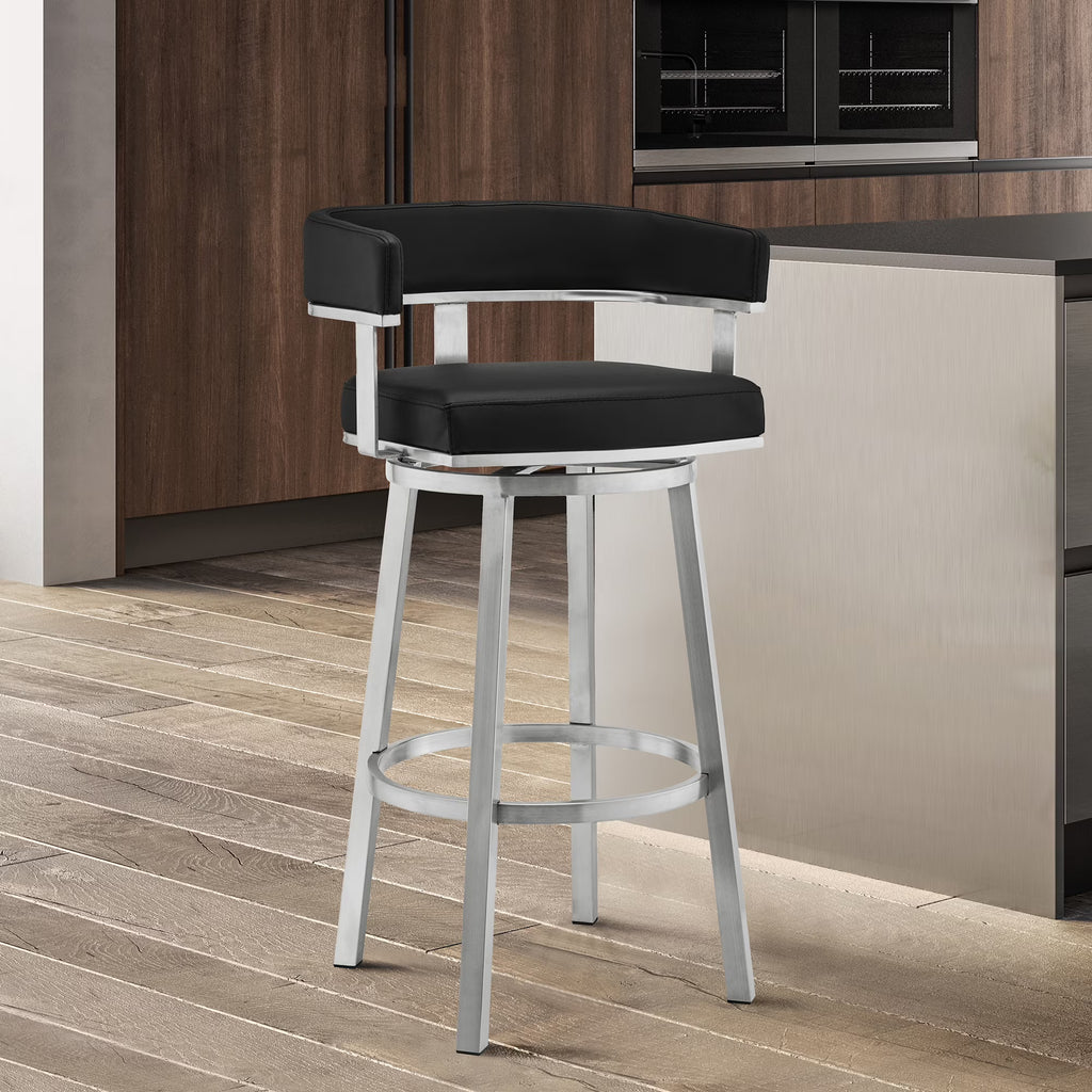 Faux Leather Swivel Bar Stool in Black/Stainless Steel H4129