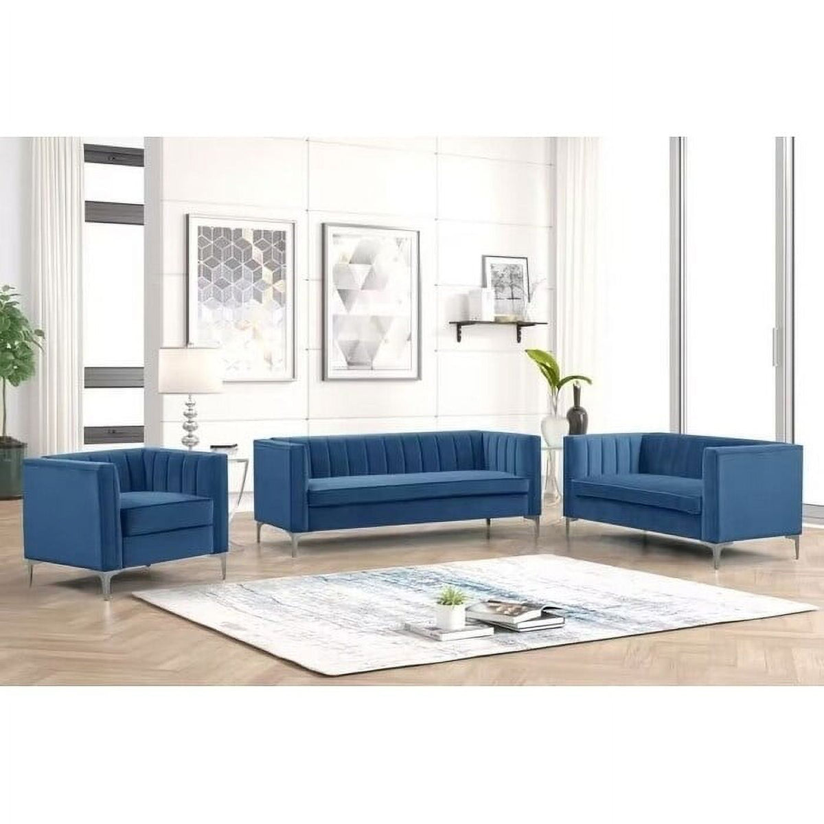 3 Pieces Fabric Dutch Velvet Blue Couch and Sofa Set F458637