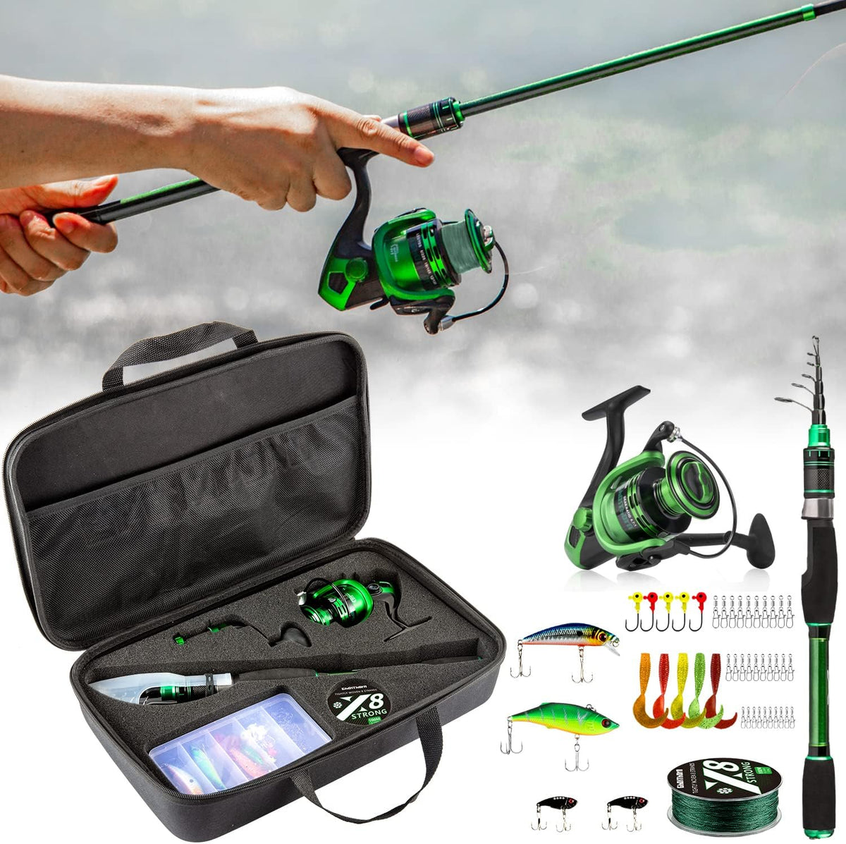 Collapsible Fishing Rod and Reel Combo with Carrier Bag D971856
