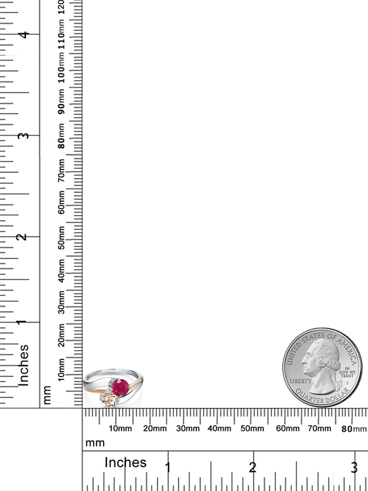 925 Sterling Silver 10K Yellow Gold Peach Morganite Red Ruby 5MM Round 2 Stone Lab Grown Diamond Accent Ring X5672