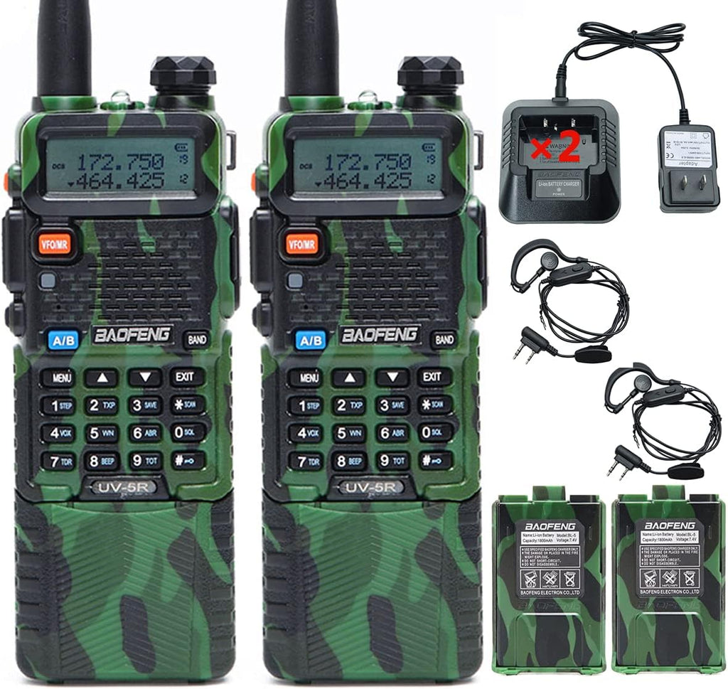 2 Pack Baofeng UV-5R 5Watt Camo Two Way Radio Transceiver with Extra 2 Pack 1800mAh Battery J6806