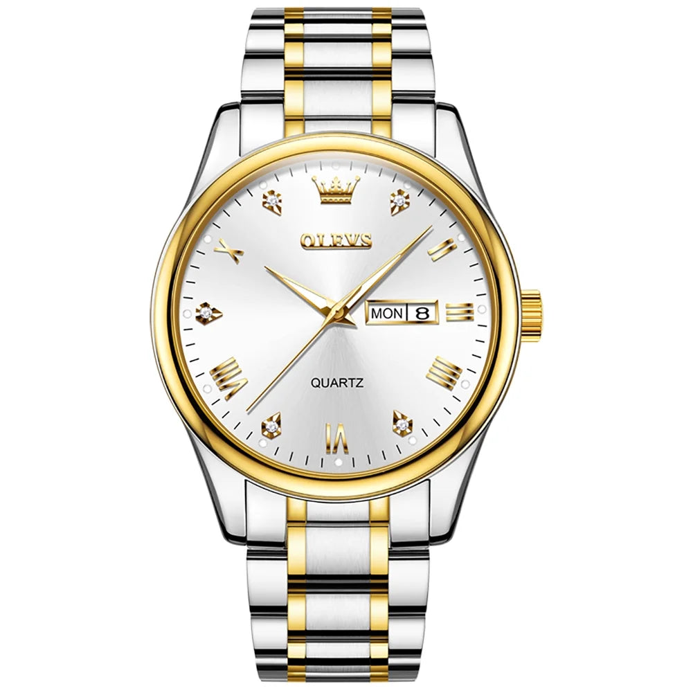 Stainless Steel Analog Quartz Waterproof Luminous Day-Date Wristwatch V403