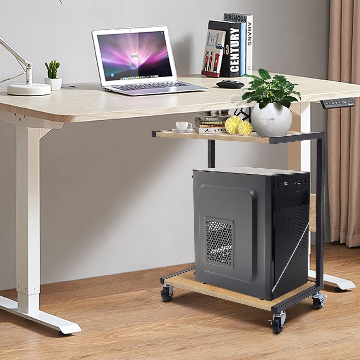 Oak Color C-Shaped Computer Tower Stand with 4 Lockable Wheels P709529
