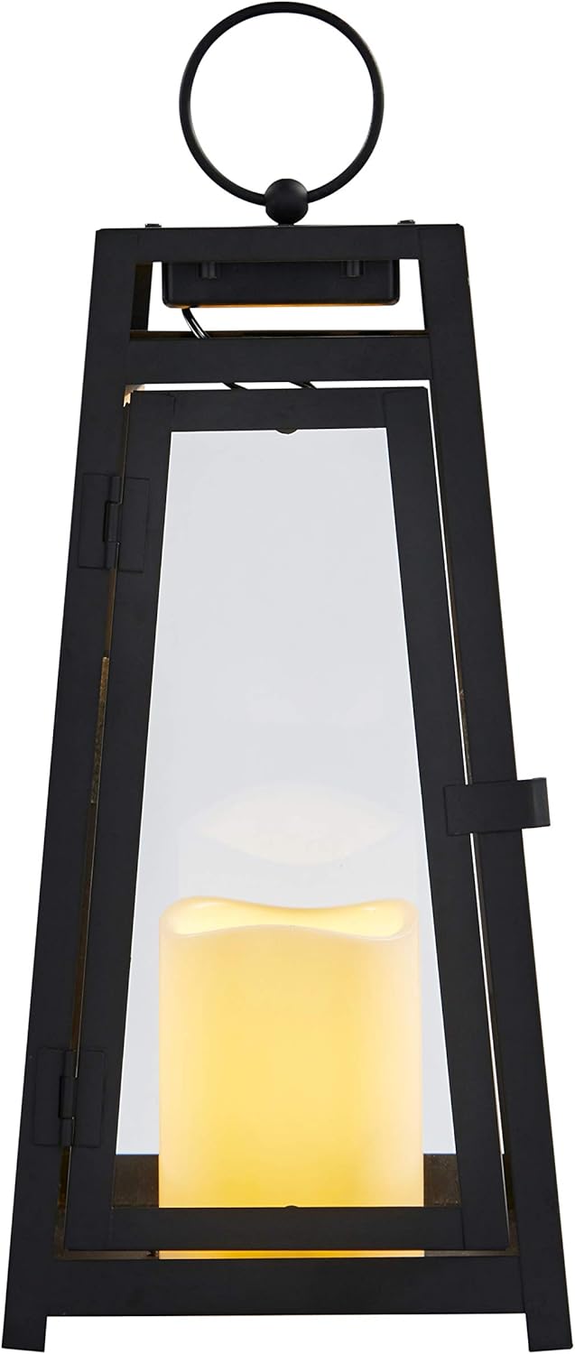 14” Black Metal Solar Powered LED Flameless Candle Lantern V31754