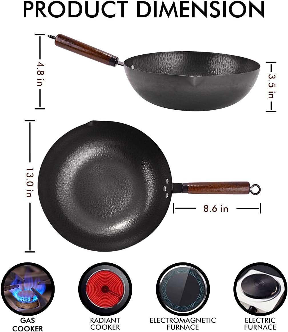 13 Pcs Carbon Steel Wok with Wooden Lid & Handle U190324