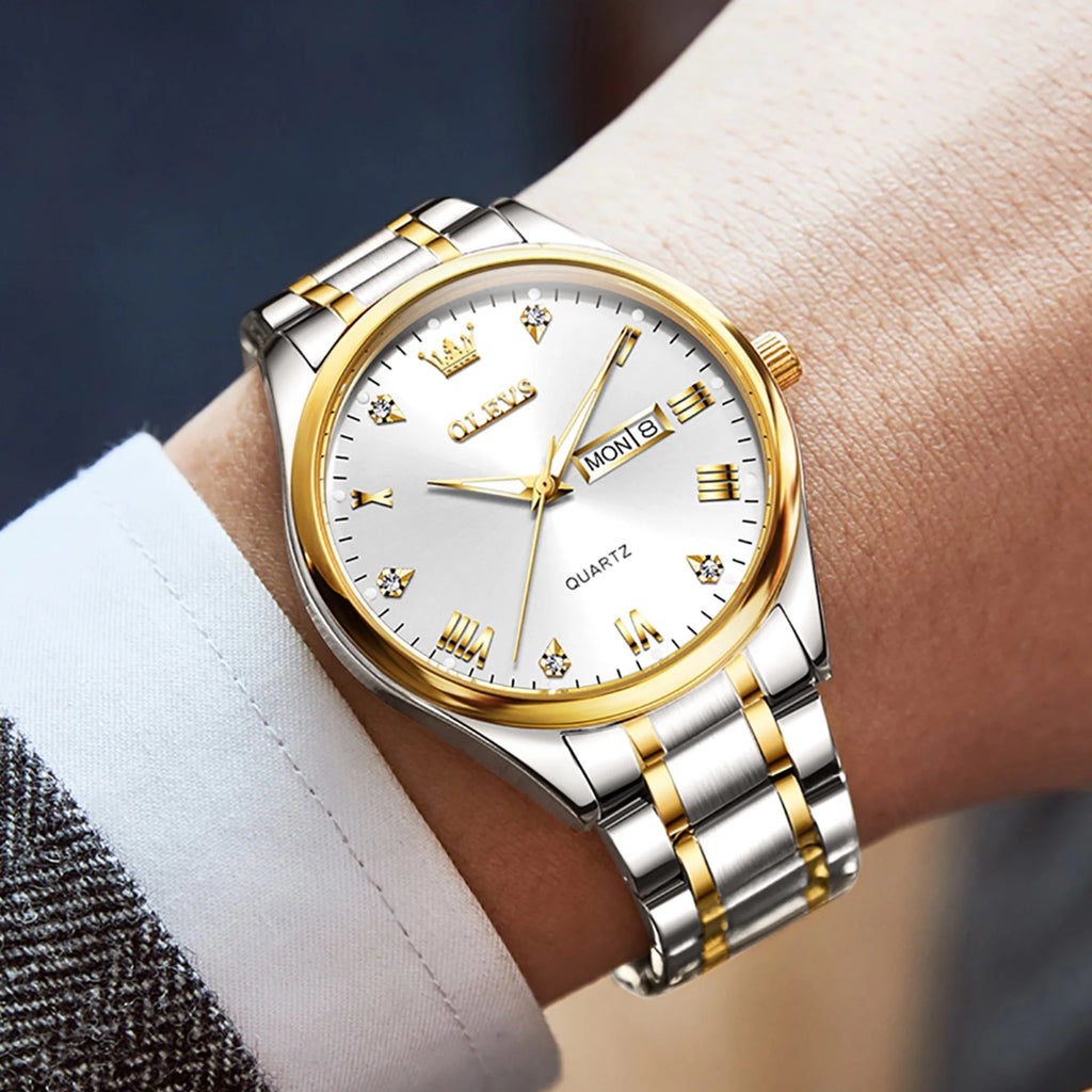 Stainless Steel Analog Quartz Waterproof Luminous Day-Date Wristwatch V403