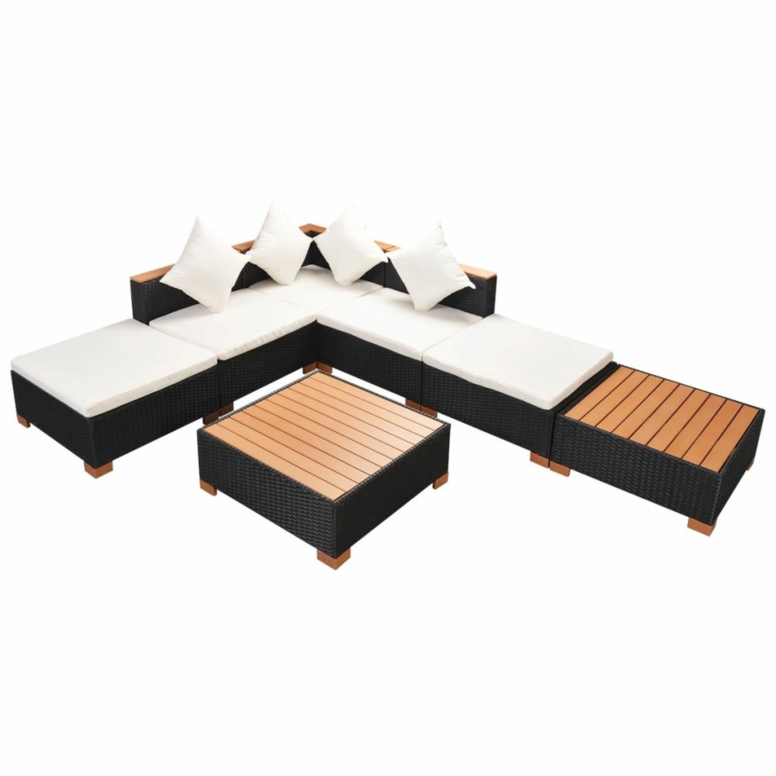 7 Piece Outdoor Sectional Sofa Set with Coffee Table and Ottoman Black Poly Rattan T876