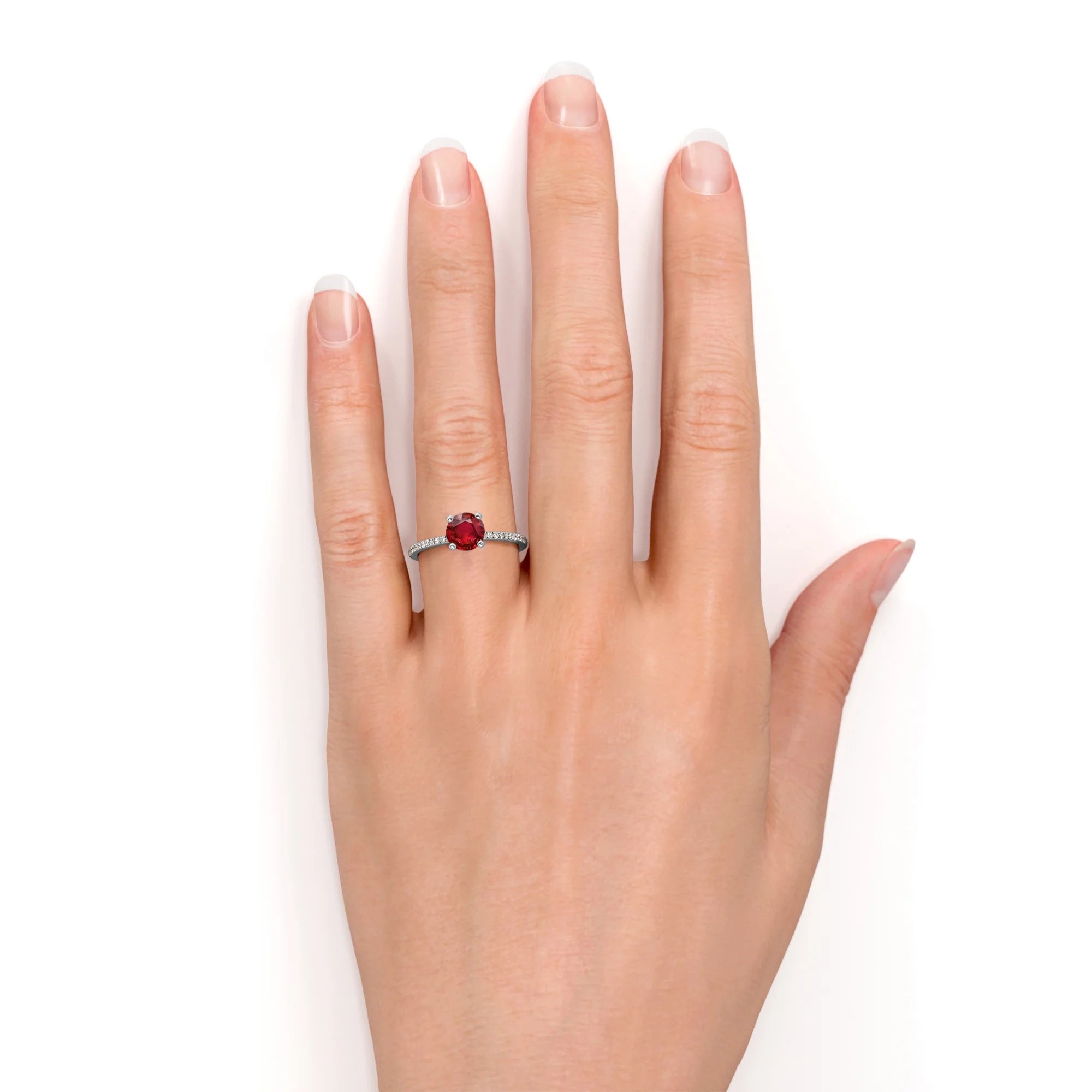 1 Carat Round Cut Simulated Ruby Engagement Ring in 18k White Gold over Silver M40623