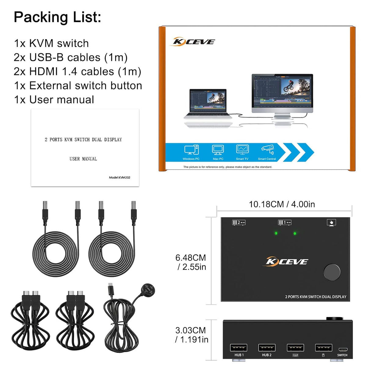 Dual Monitor KVM Switch HDMI 2 Port 4K@30Hz, USB HDMI Extended Display Switcher for 2 Computers Share 2 Monitors and 4 USB 2.0 Hub P666618