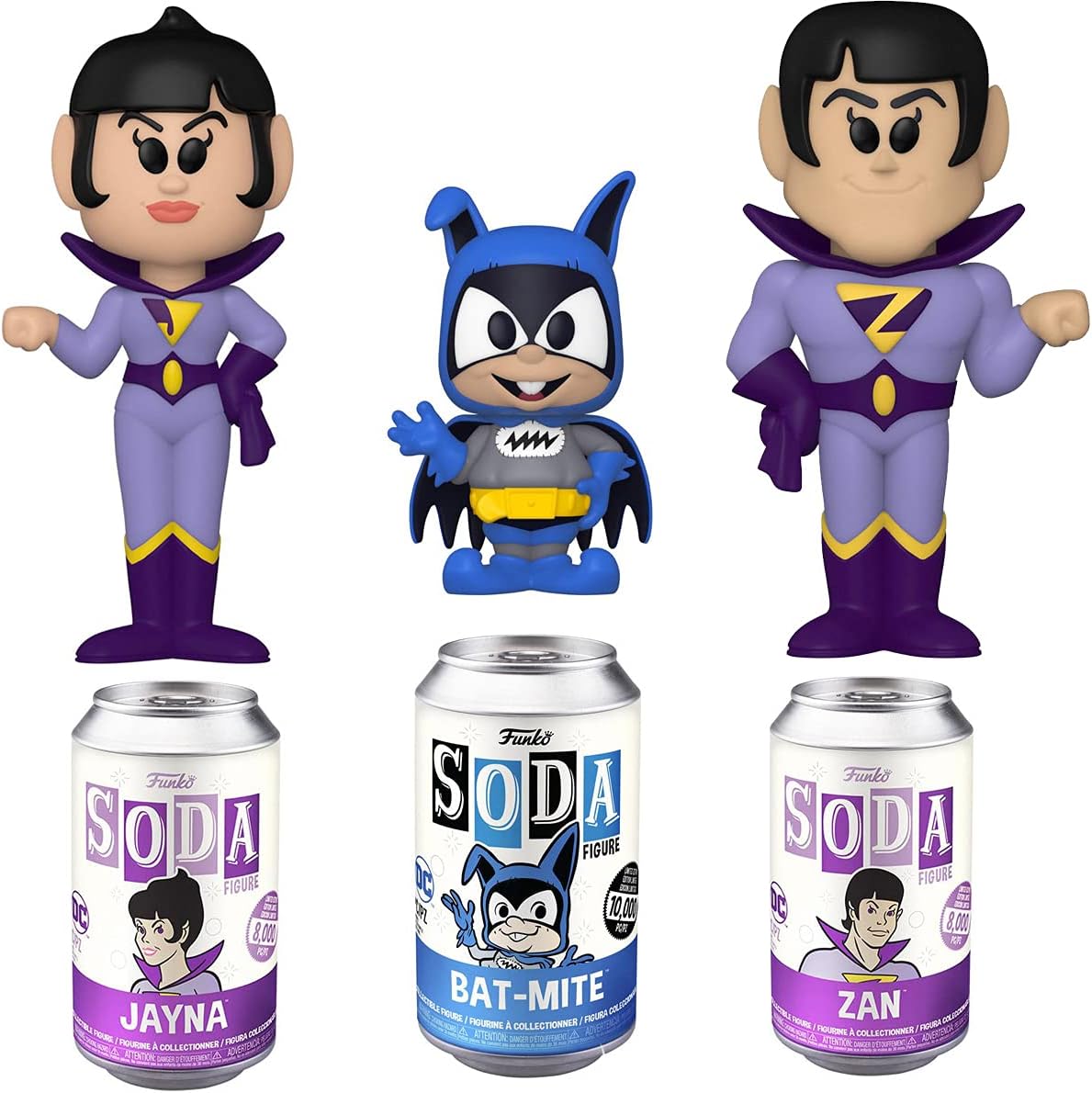 Wonder Twins Figures Zan + Jayna Soda tin Can with Bat Mite Villain & Super Friends 3 Items F55267
