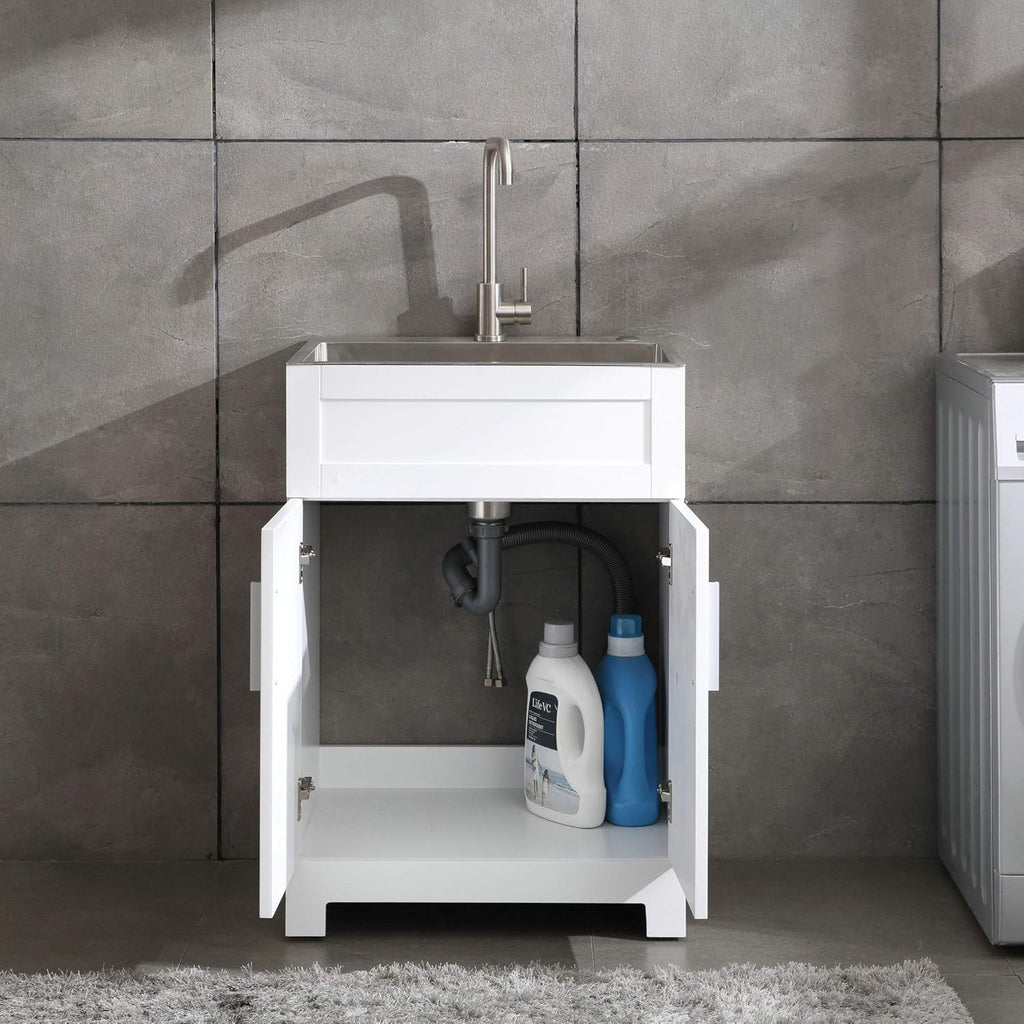 White Laundry Utility Cabinet with Stainless Steel Sink and Faucet M3671