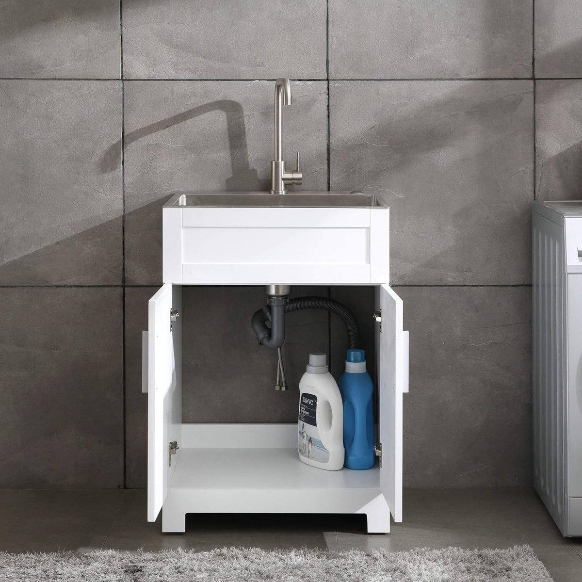 White Laundry Utility Cabinet with Stainless Steel Sink and Faucet M3671
