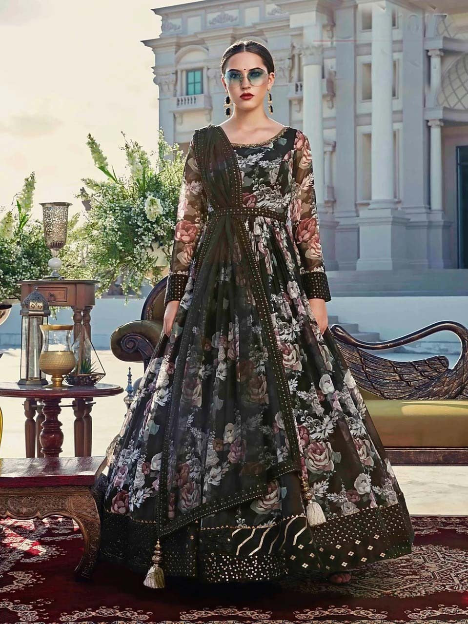 Black Floral Printed Long Anarkali Dress A8561