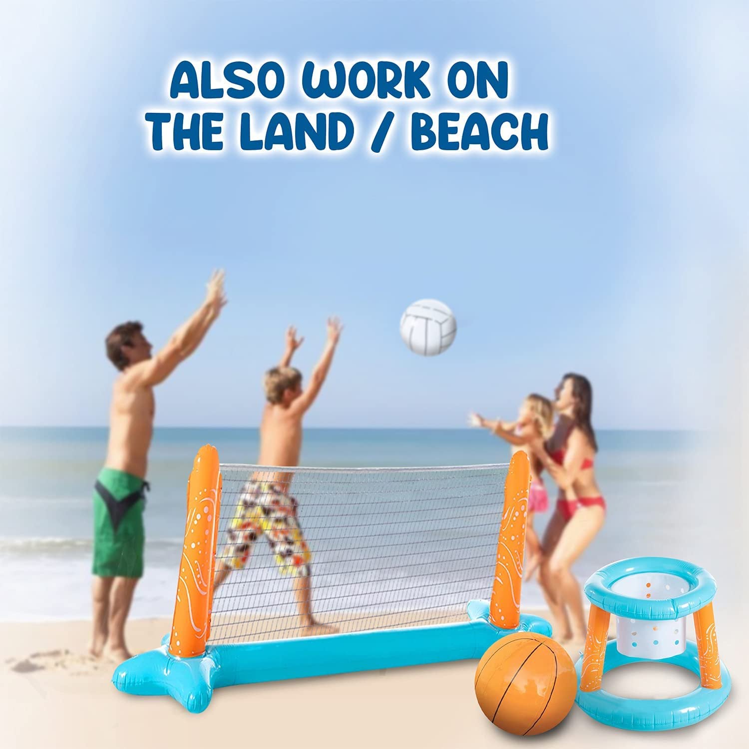 Inflatable Pool Float Set with Volleyball Game and Basketball Hoops with 2 Balls I784