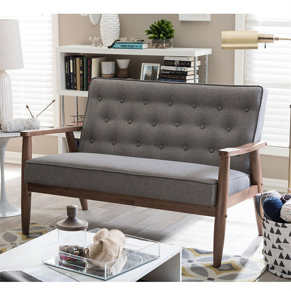 Faux Leather Tufted Loveseat in Gray and Walnut G2875