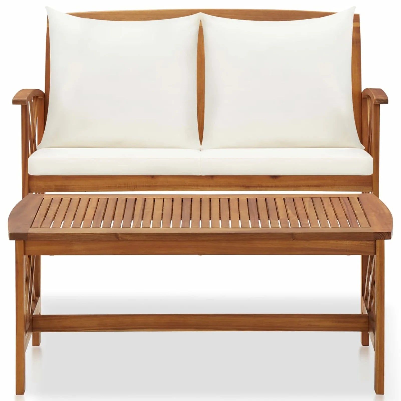 2 Piece Outdoor Conversation Set with White Cushion and Coffee Side Table Acacia Wood Sectional Sofa Set P10476