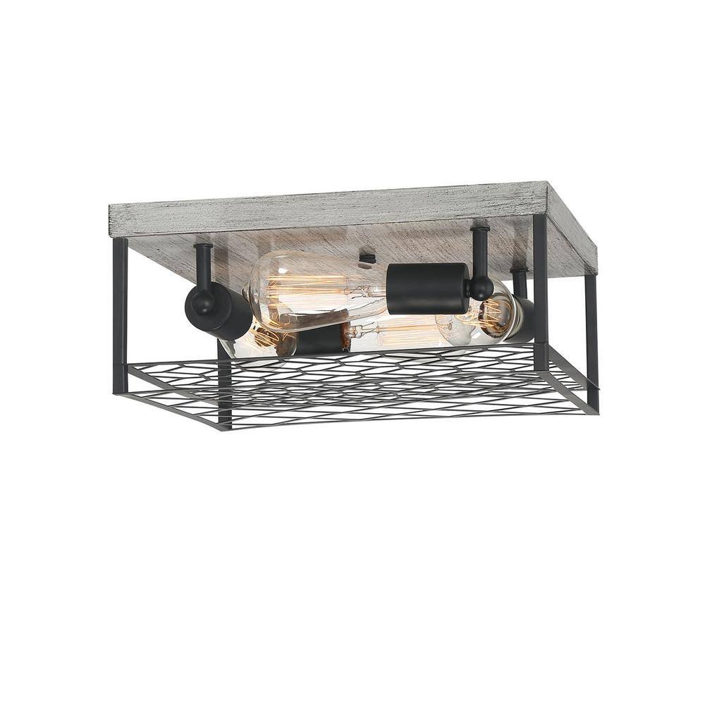 4-Light Faux Wood Black Metal Cage Flush Mount M930478