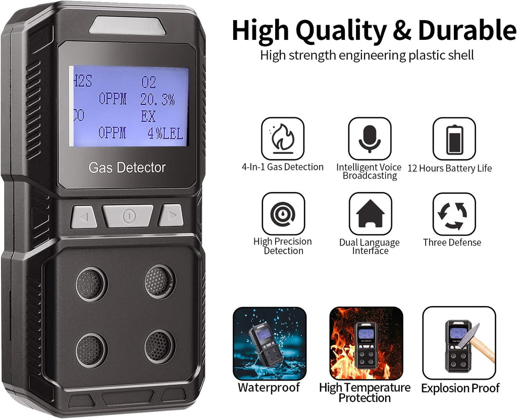 Portable 4 Gas Detector, Rechargeable Multi Gas Monitor, EX O2 H2S CO 4 in 1 Gas Meter H4633