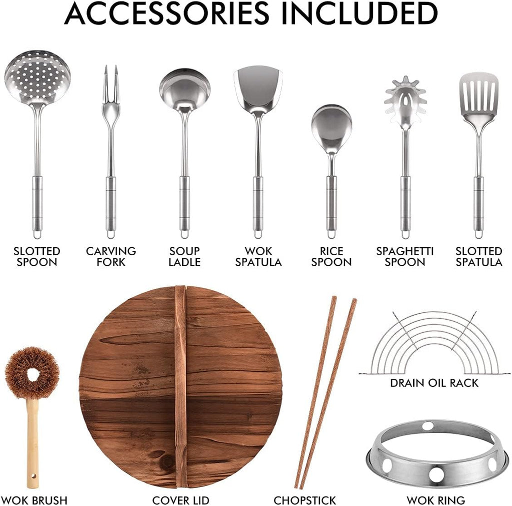 13 Pcs Carbon Steel Wok with Wooden Lid & Handle U190324