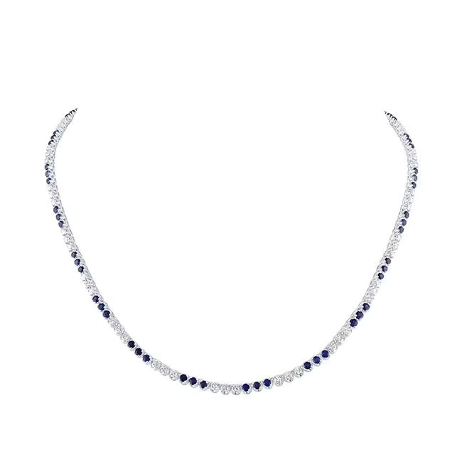 14K White Gold Round Blue Sapphire Diamond Tennis Necklace D12658