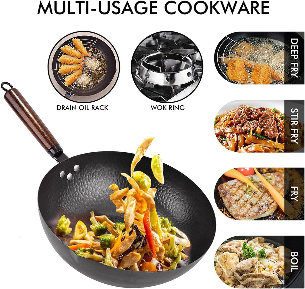13 Pcs Carbon Steel Wok with Wooden Lid & Handle U190324