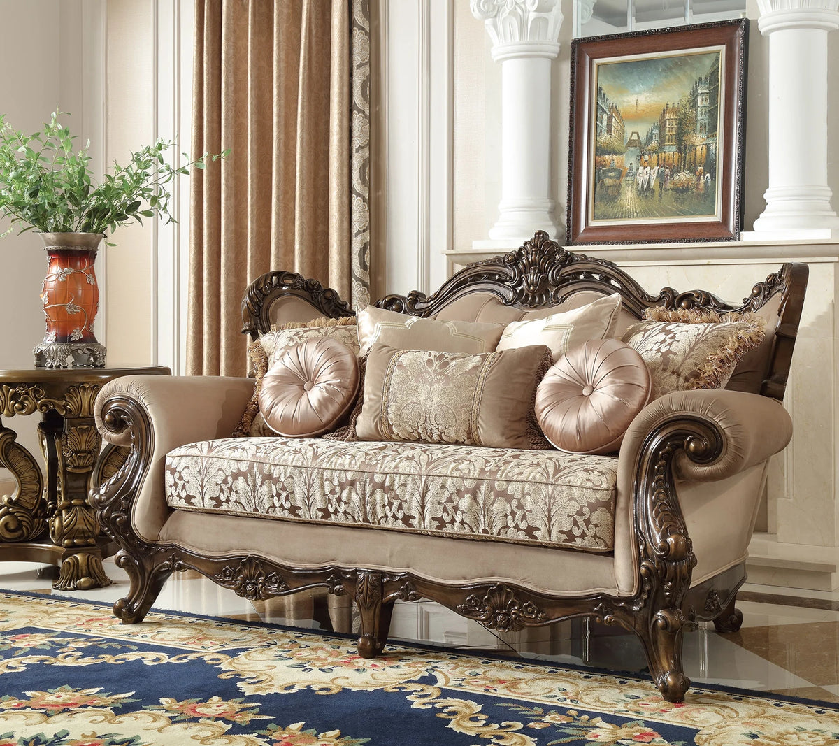 Brown Silk Beige Fabric Sofa Set 3Pcs O8282