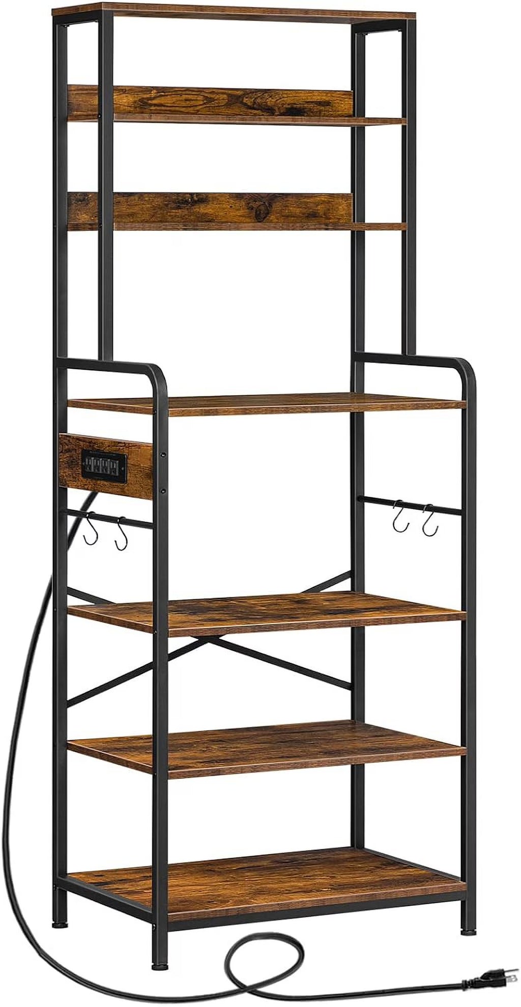 Rustic Brown 7-Tier Kitchen Storage Shelf Rack with Power Outlet X9843