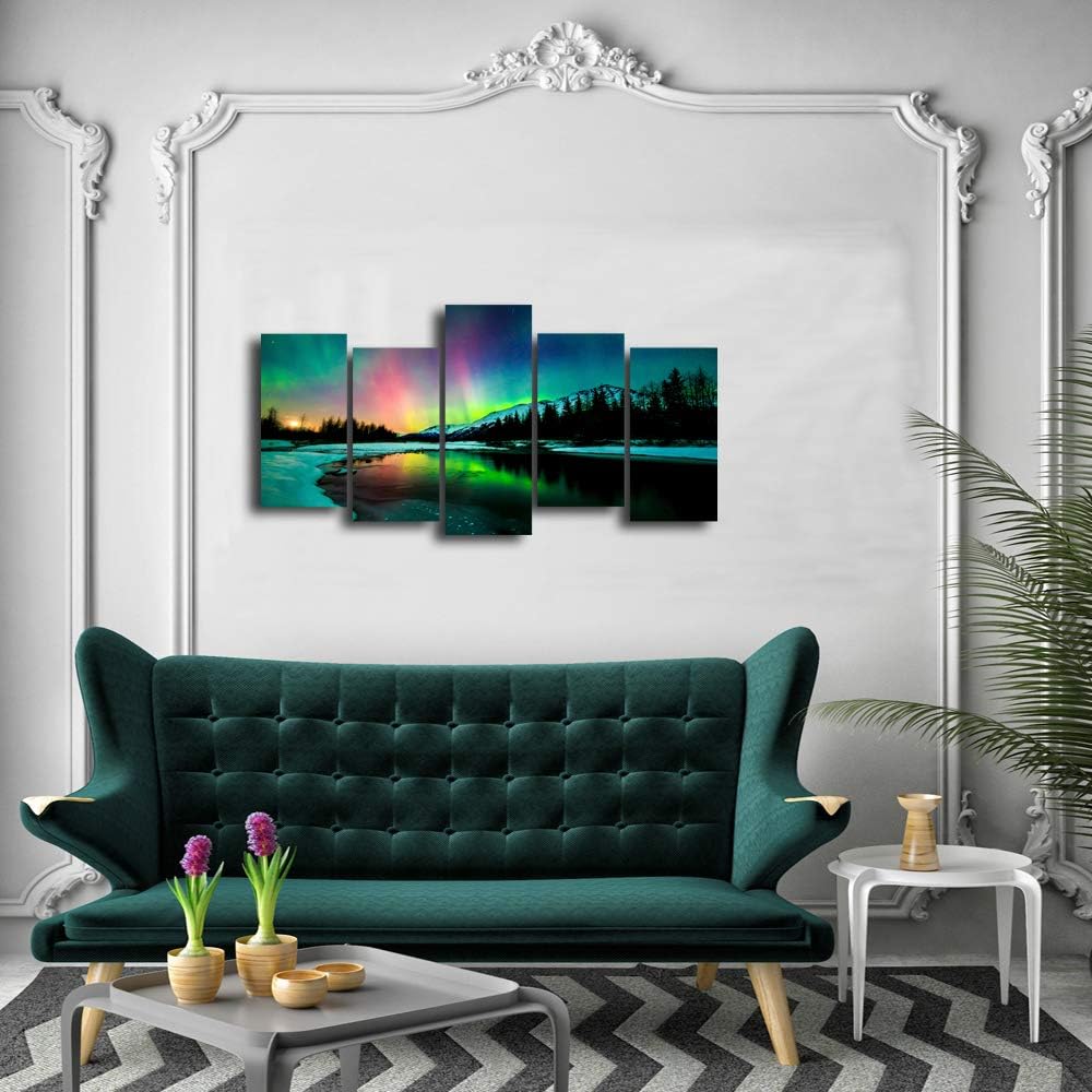 5 Pieces Green Aurora Borealis Scenery Canvas Prints Ready to Hang F1926