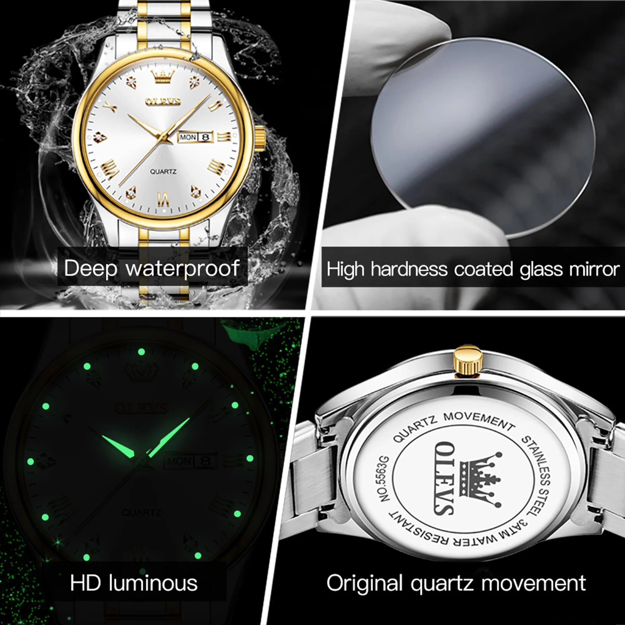 Stainless Steel Analog Quartz Waterproof Luminous Day-Date Wristwatch V403