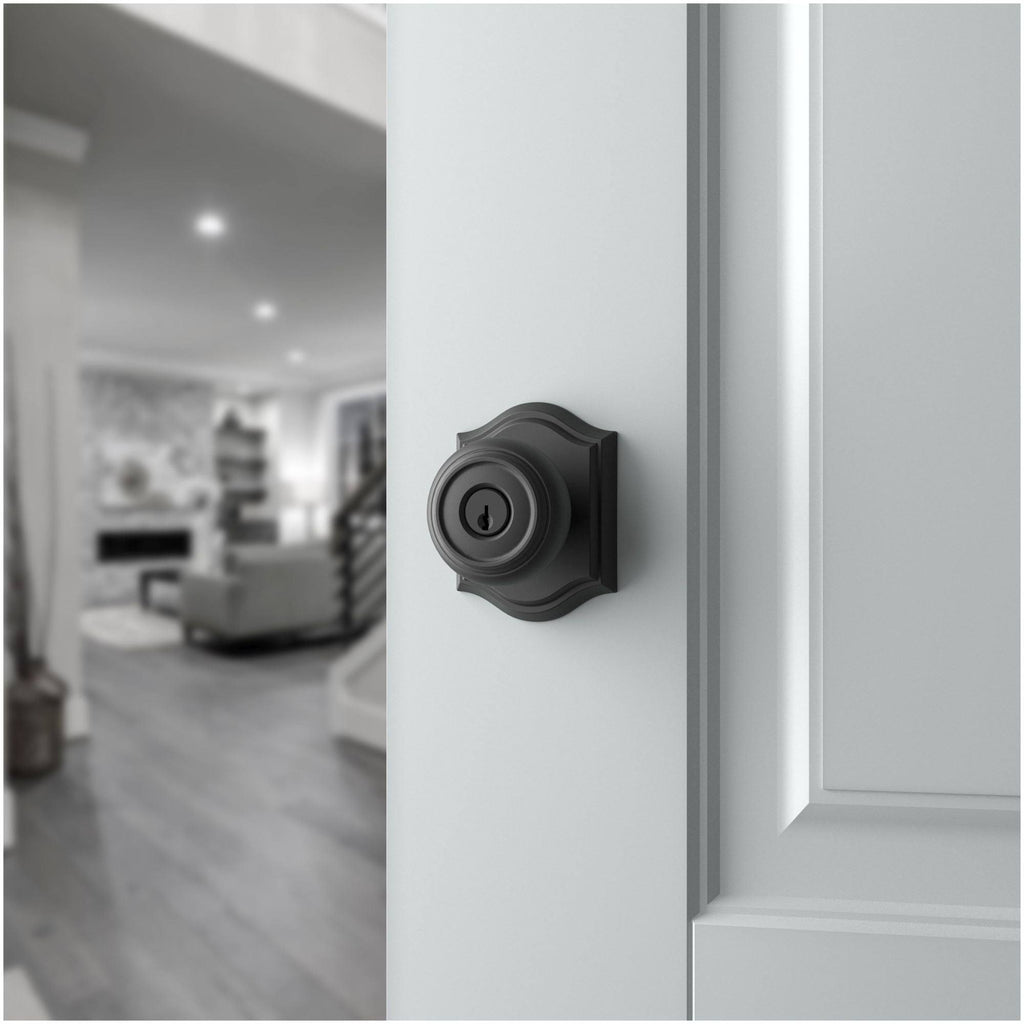 Satin Brass Keyed Entry Door Knob with Arch Rose K620