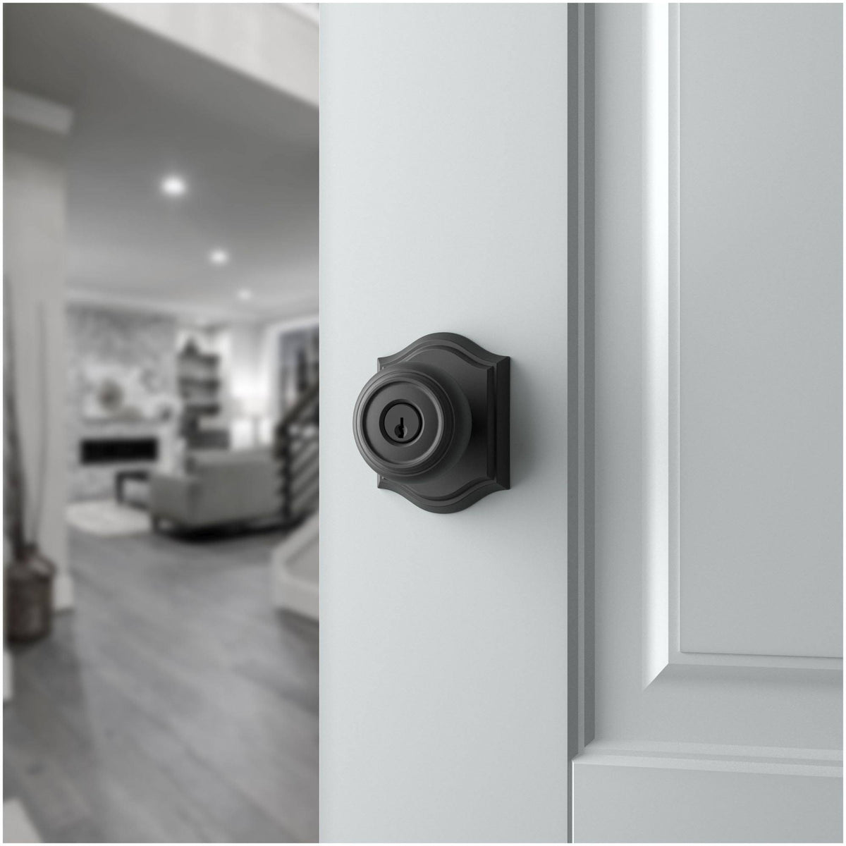 Satin Brass Keyed Entry Door Knob with Arch Rose K620