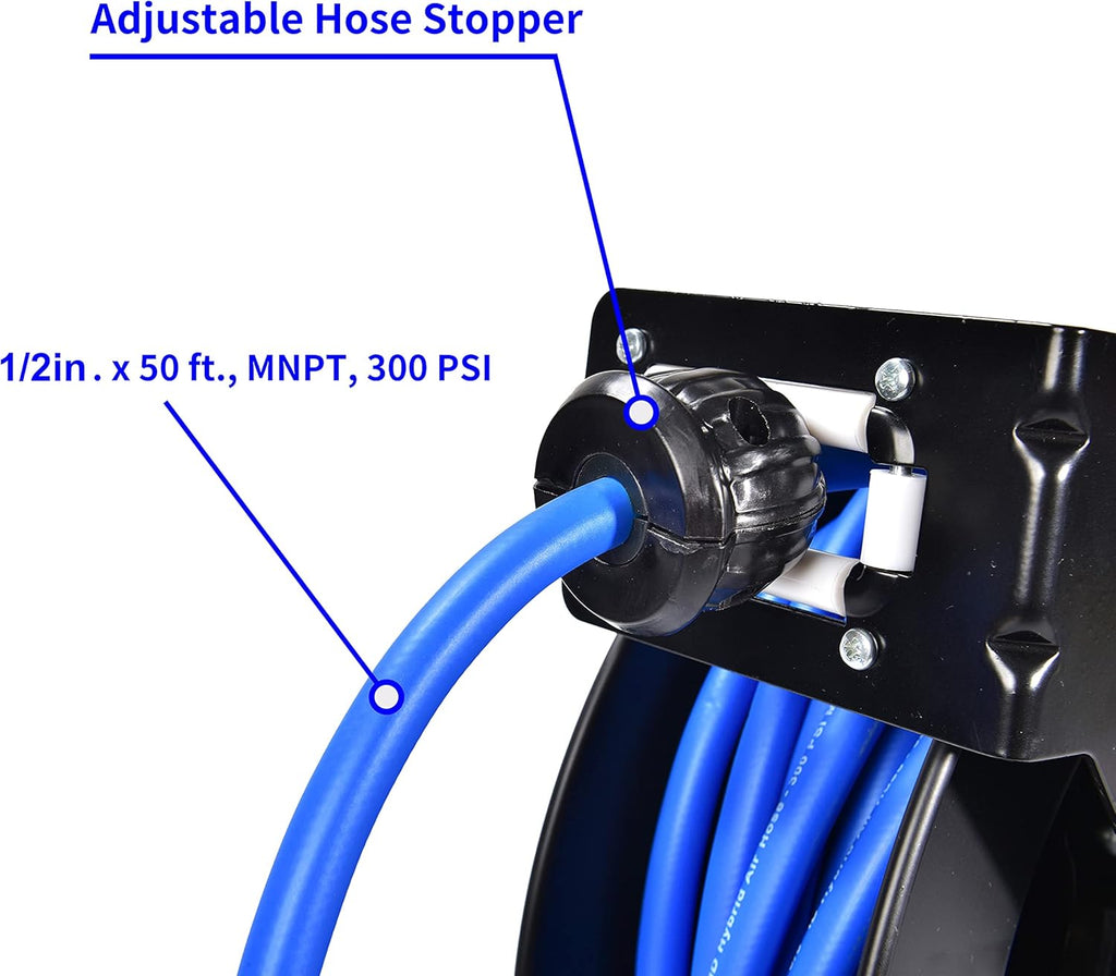 Retractable Air Hose Reel, 1/2" x 50' Ft, Steel, Rubber Hose T649
