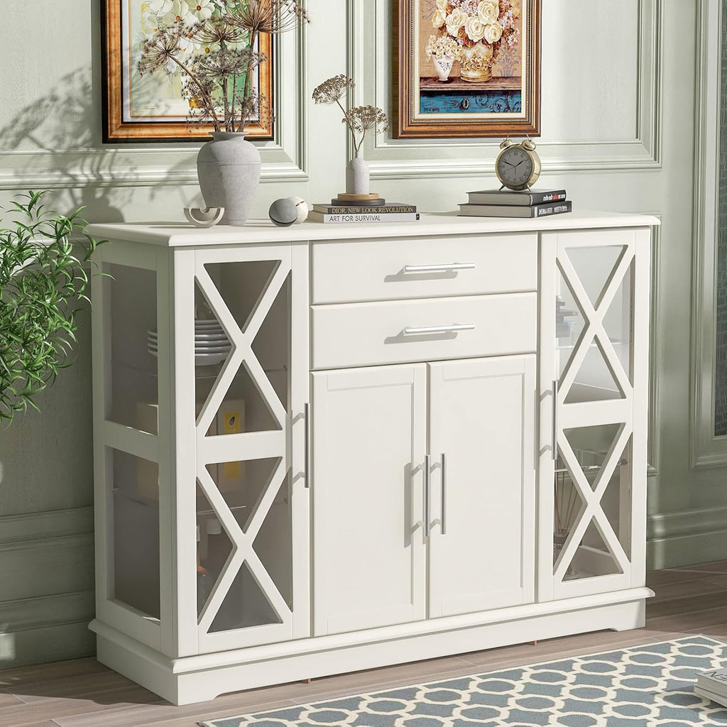 White Small Buffet Sideboard with Double Glass Doors V209