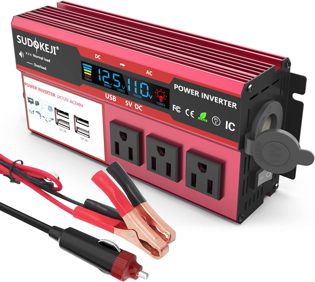 Power Inverter 1000W/2000W Peak DC 12V to AC 110V 120V Portable Car Inverter with LCD Display 3 AC and 4 USB Ports R32152