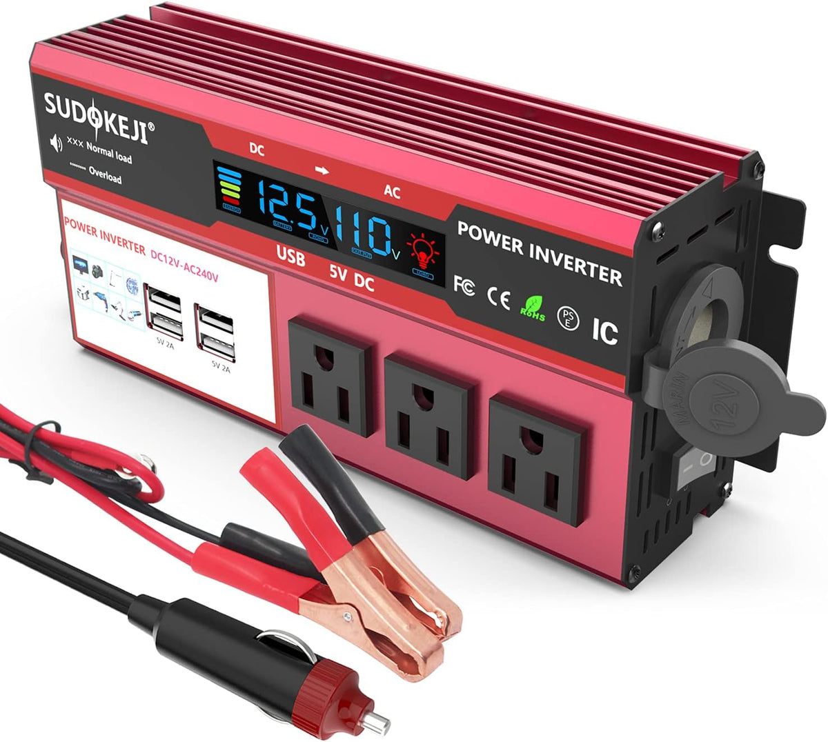 Power Inverter 1000W/2000W Peak DC 12V to AC 110V 120V Portable Car Inverter with LCD Display 3 AC and 4 USB Ports R32152