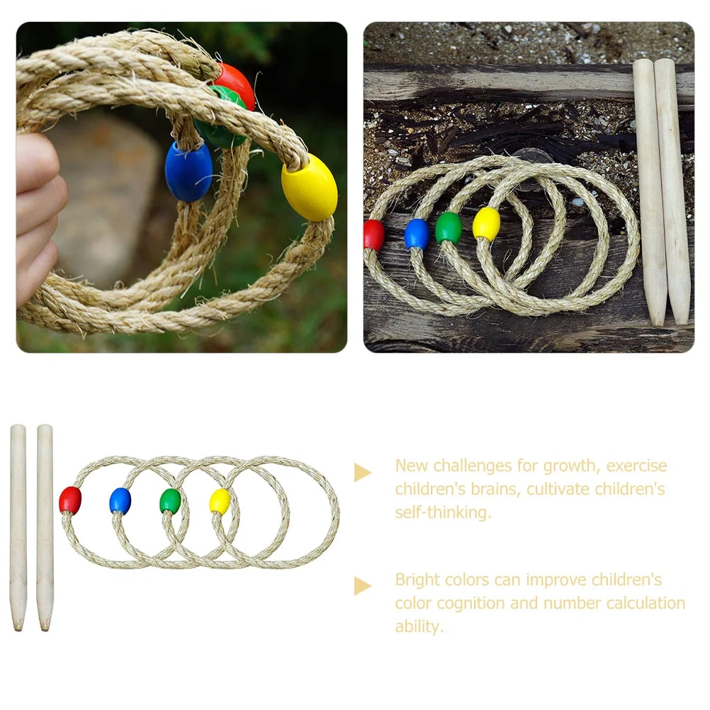 6-piece Ring Throwing Game Set with Natural Twine Solid Wood I393
