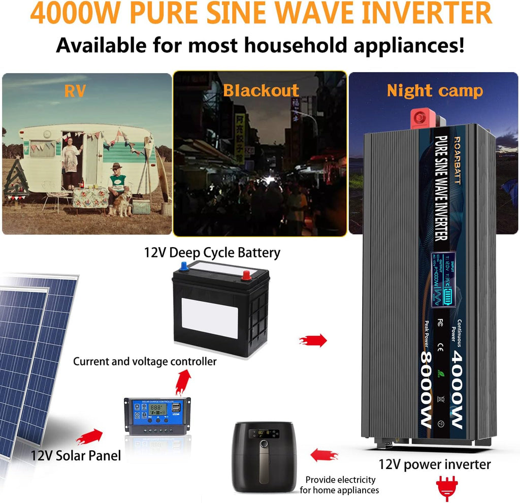 4000Watt 12V DC to AC 110V 120V Peak Power 8000Watt Power Inverter with Remote Control 4 AC Outlets and Dual USB Port K489228