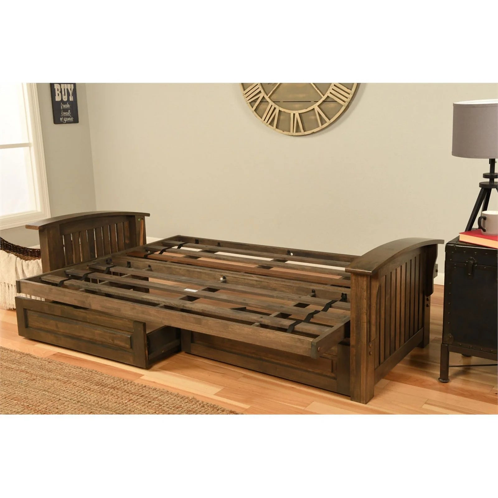 Rustic Walnut Brown Futon with Storage Drawers U2902