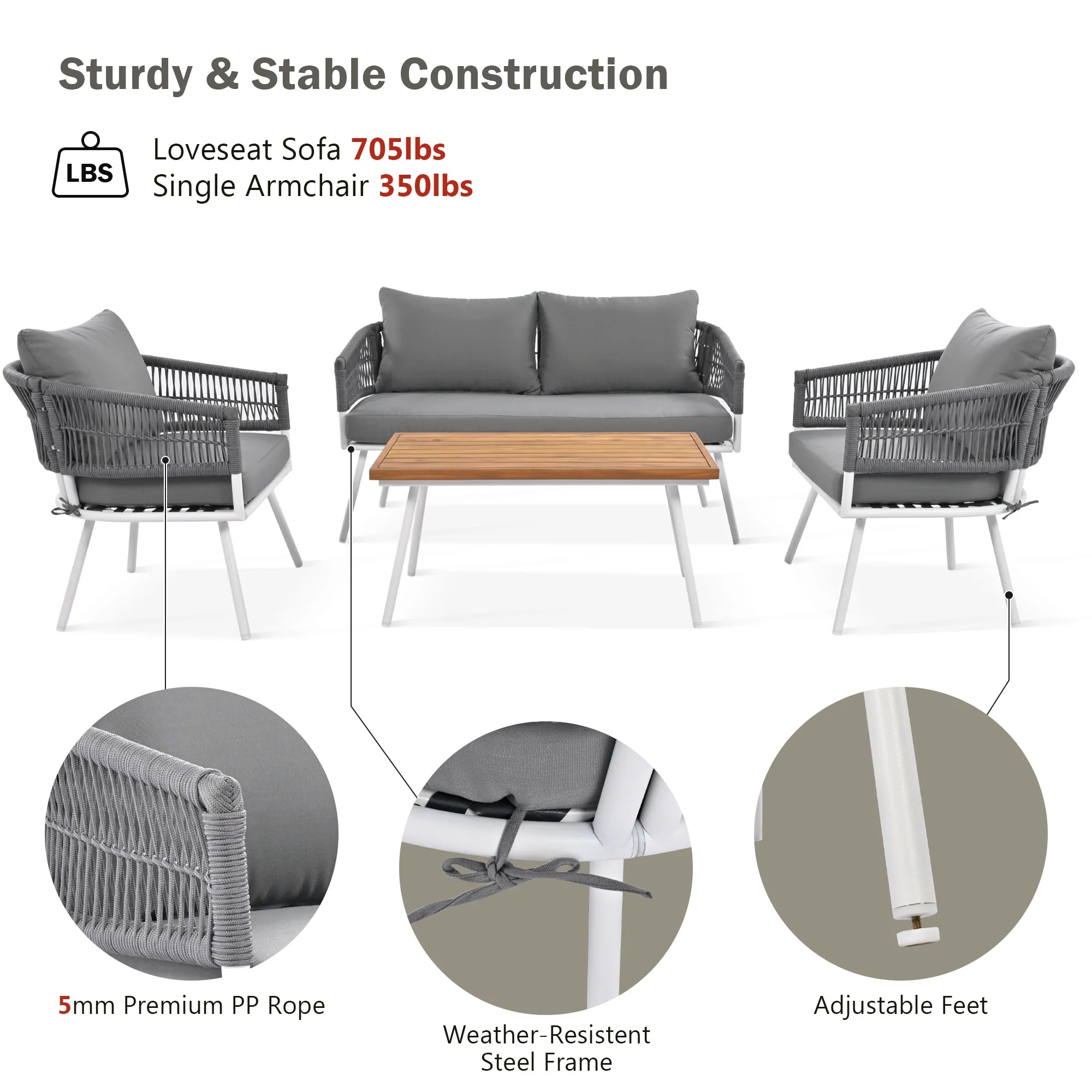 4-Piece Grey Outdoor Patio Furniture Set with Acacia Wood Coffee Table N438