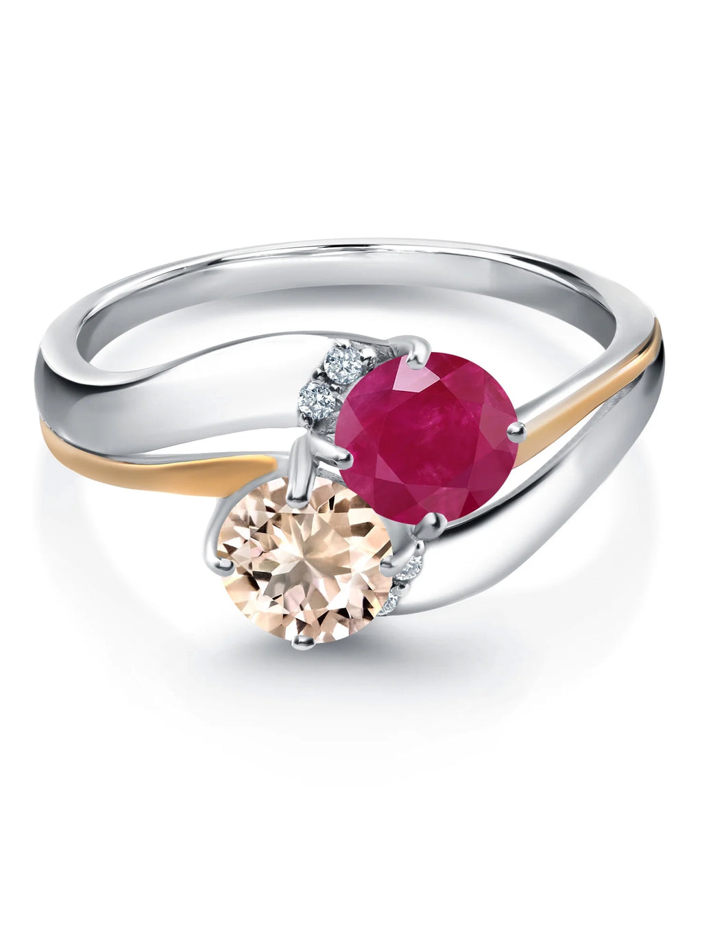 925 Sterling Silver 10K Yellow Gold Peach Morganite Red Ruby 5MM Round 2 Stone Lab Grown Diamond Accent Ring X5672